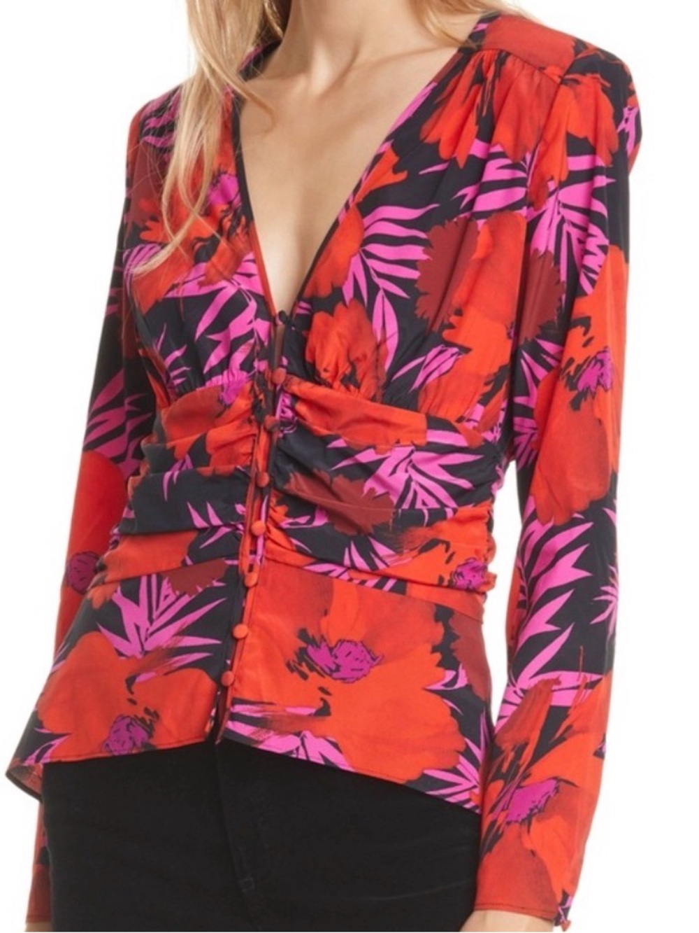 Veronica Beard Pevero Stretch Silk Blend Floral Poppy Button Front Blouse Sz 0/2